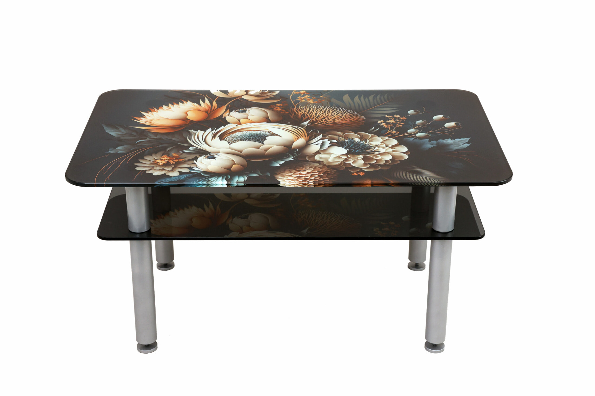 Glass coffee table with a digitally printed floral pattern